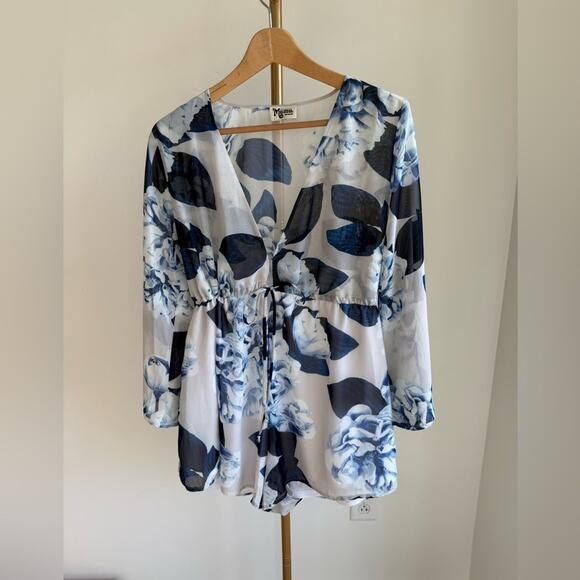 SHOW ME YOUR MUMU FLOWY BLUE FLORAL ROMPER V NECK SHORTS MEDIUM - Picture 2 of 7